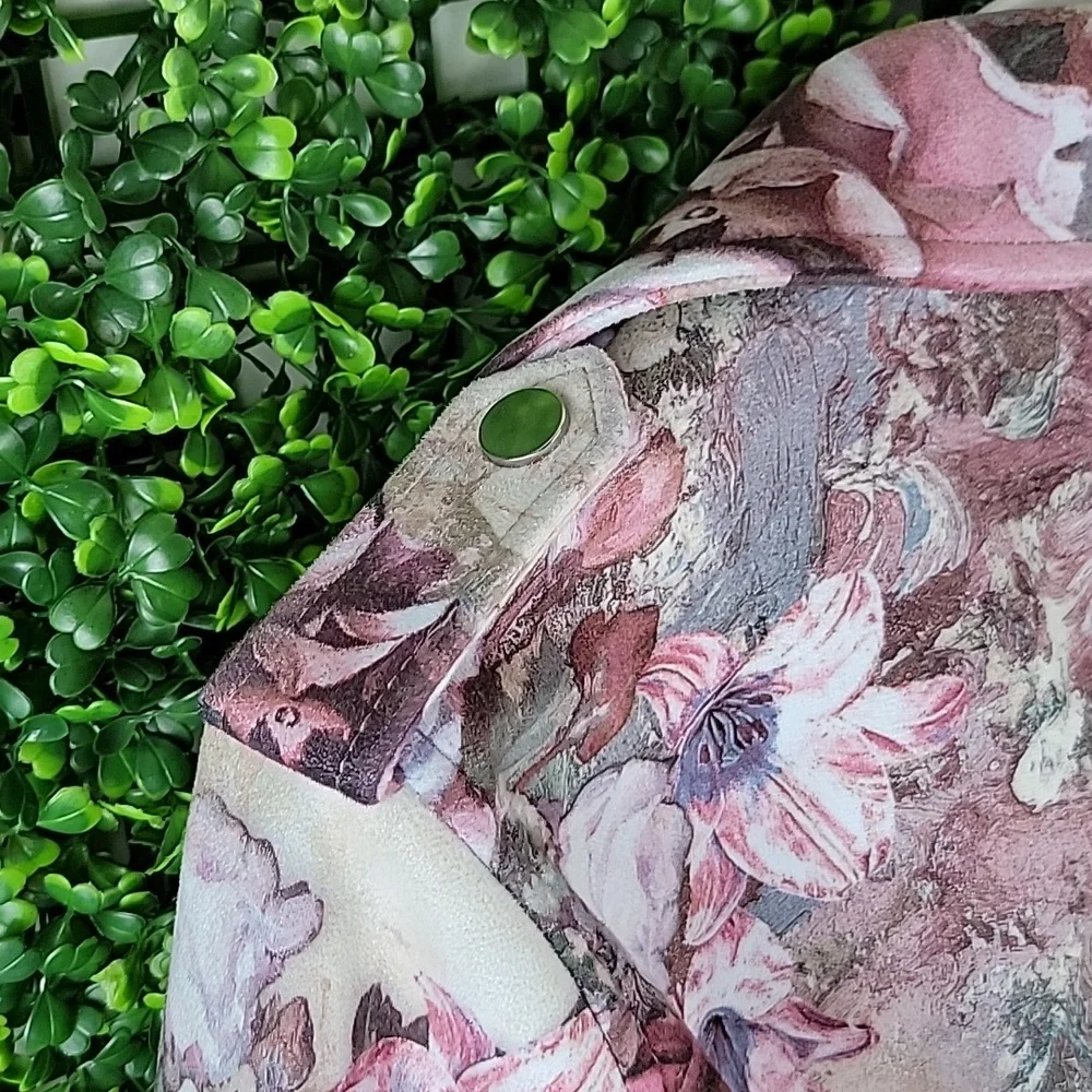 ZARA Basic Outerwear Floral Faux Suede Zippered Moto Jacket Cream/ Pink SZ Small - Picture 8 of 15